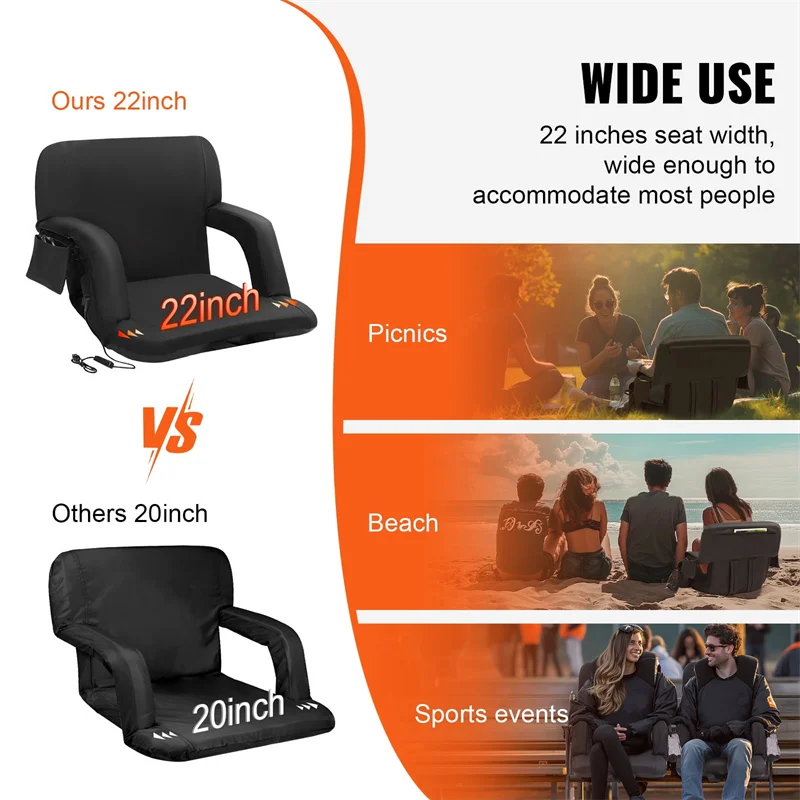 3 Level Heating Wide Portable Recliner Bleacher Chair Seat Thick Padded Cushion Armrests Dual Heated Back Support