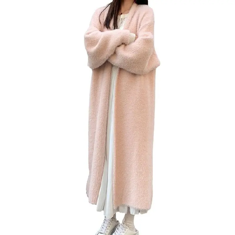 2024 Spring and autumn new arrival high quality V-neck long sleeve loose solid color cashmere knitted long cardigan