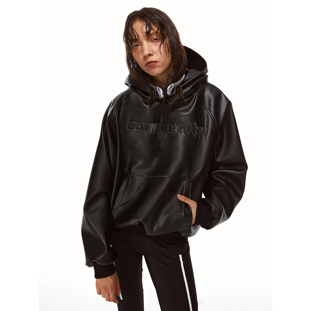 OEM Customize PU Leather Hoodie 3D Embossed Long Sleeve Oversized Pullover Hoodie with Pocket for Men