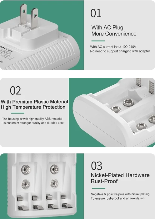 PUJIMAX 4 Slot Wall Smart Battery Charger EU US BIS  UK SAA Plug For 1.2V AA AAA Nimh Nicd And 9V Rechargeable Batteries