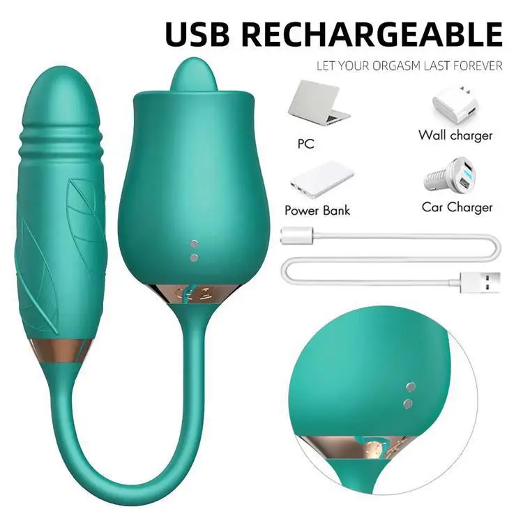 Hot Selling 2 in 1 Rose Mouth Licking Tongue Vibrator Sex Toy for Women Nipple G Spot Clitoral Vibrators Thrusting Dildo Toys