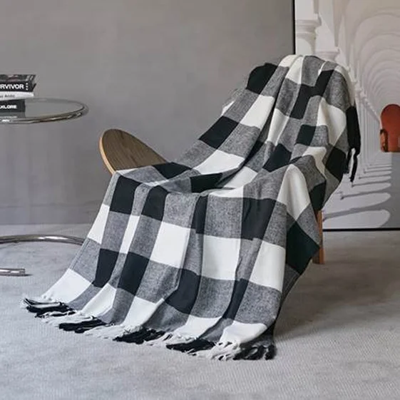 High quality custom woven blanket throws with tassel decor hotel blanket multicolor cozy checkered blanket