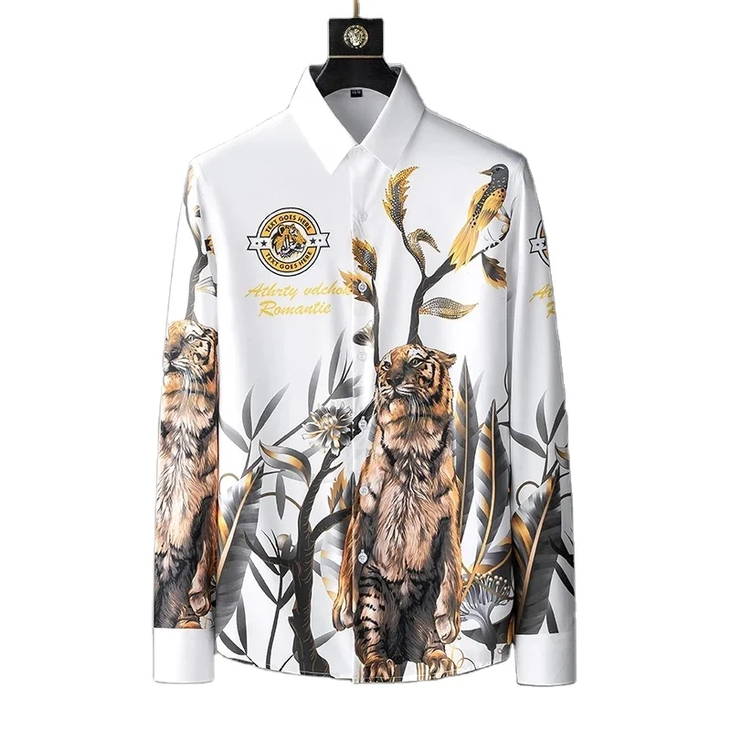 Мужская приталенная рубашка с длинным рукавом роскошная деловая Классическая со стразами и принтом тигра 2022