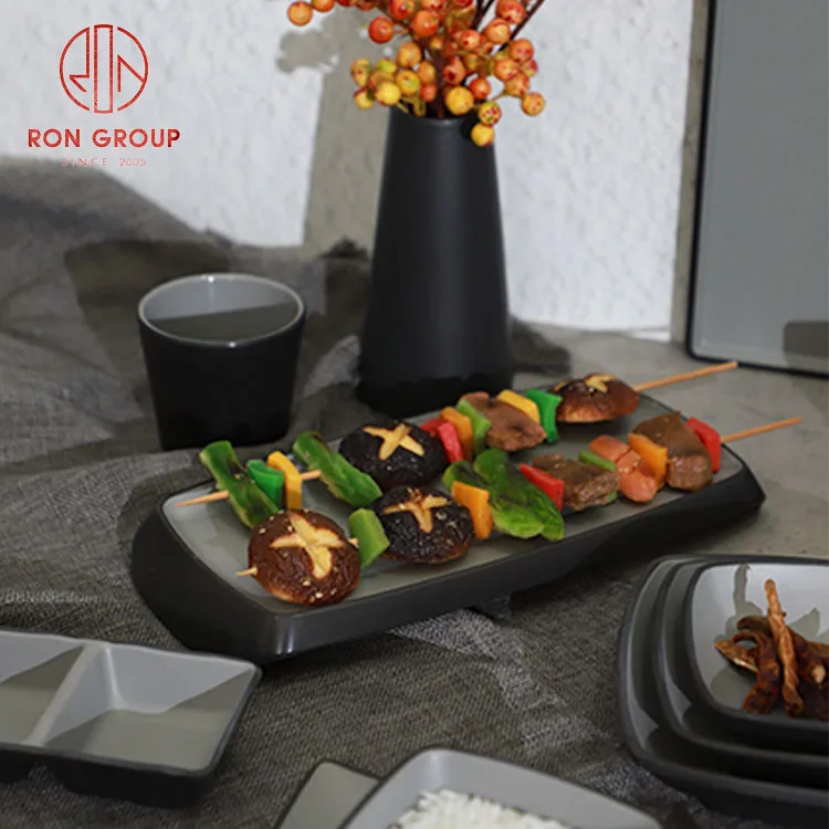 Japanese style high quality grey black food restaurant dinner round sushi plates bowls sets square tableware melamine dinnerware
