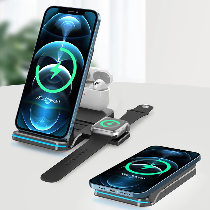 Foldable Wireless Charging Stand for Apple for Samsung 3 in 1 Wireless Charger Dock Stand Watch and Phone Charger Station