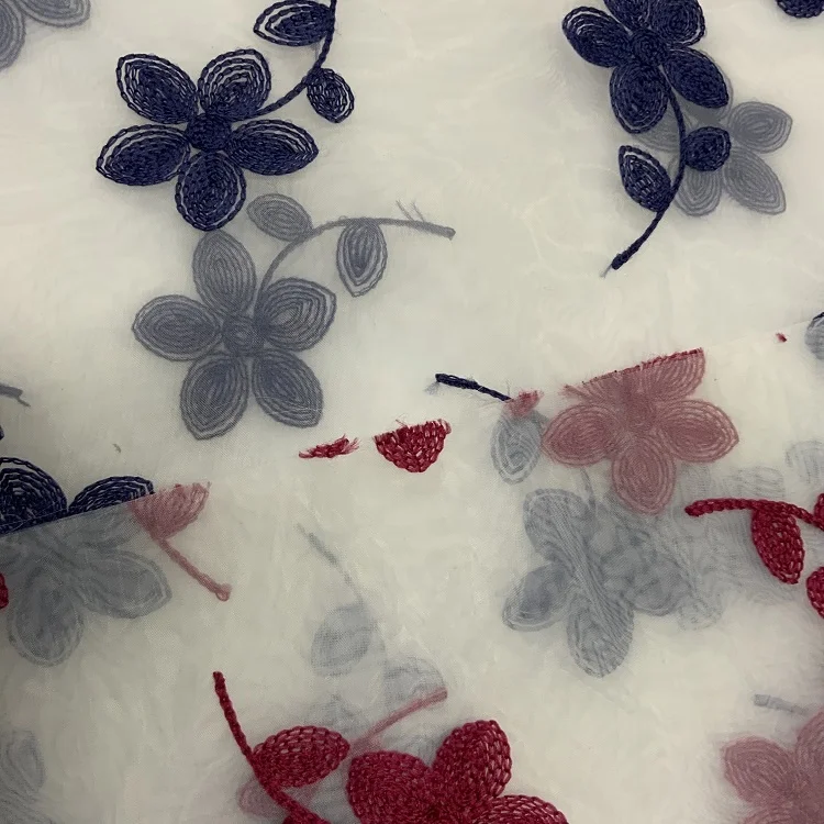 Soft new design cheap mesh big flower chain embroidery tulle organza fabric for dress