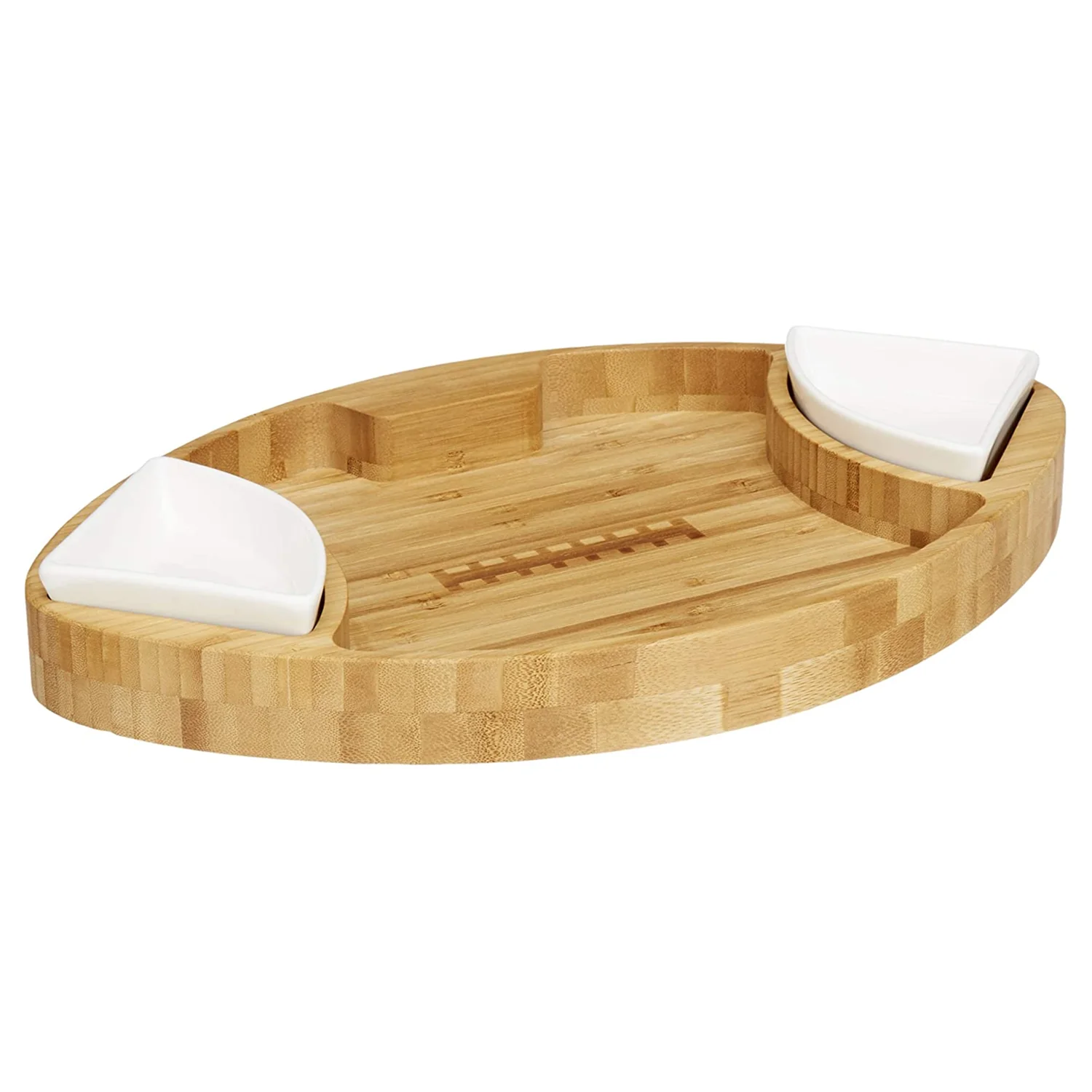 Wholesale Unique Football Shaped Bamboo Appetizer Serving Tray with 2 Dip Trays Large Chip Serving Dish