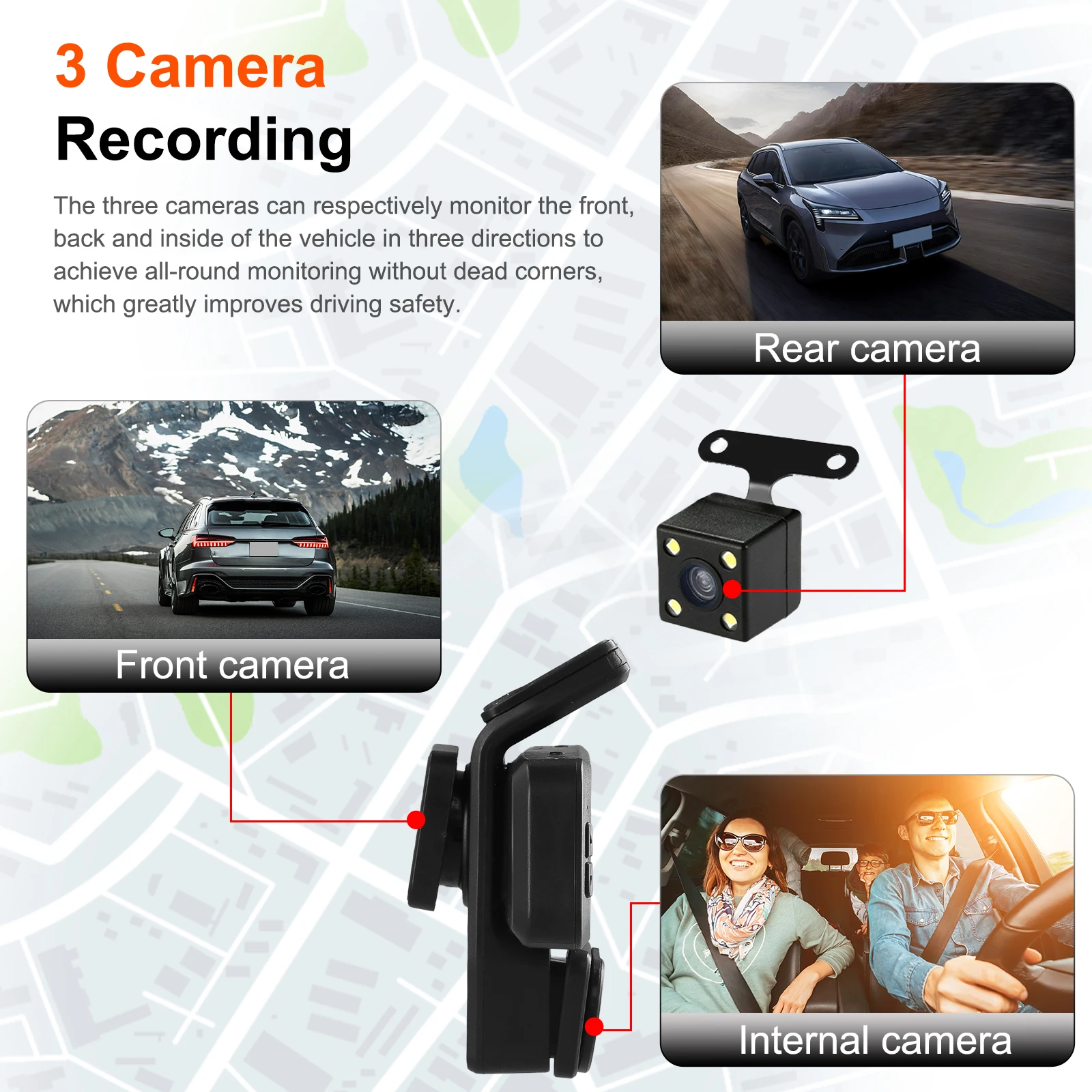 Podofo 3-inch three Lens Dash Cam 1080P WIFI Car DVR Night Vision + G-Sensor+ Parking Monitoring + 3 Cameras Loop recording OEM