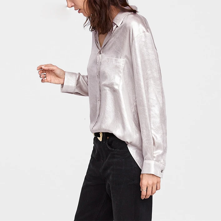 Satin Silk Shirt Women Autumn Long Sleeve Elegant Work Wear Tops Korean Fashion Purple Green Blue Blouse Shirt