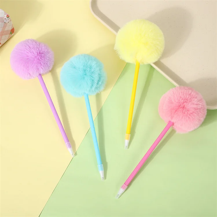 School supplie ball point pen Cute rabbit fur ball cute plush blue ballpoint pen kids students kawaii office stationery