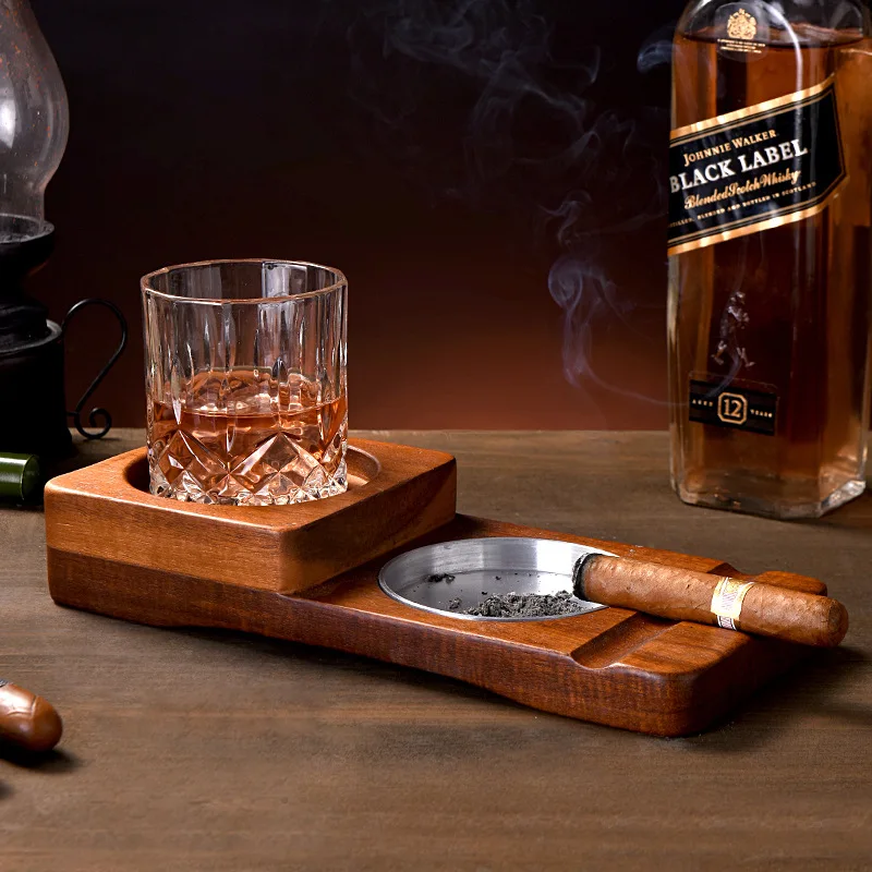 Home Decor Reusable Natural Wood Whiskey Coasters Cup Mat A Set With Cigar Holder