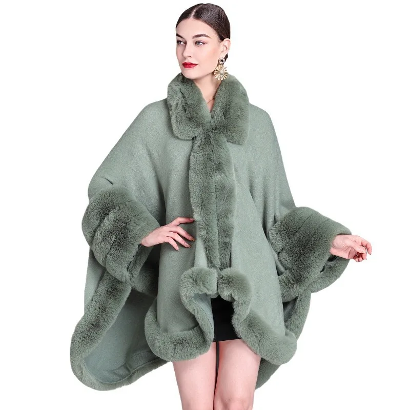 Large version luxury faux fur trim cloak women fashion cashmere cape rabbit fur collar warm poncho
