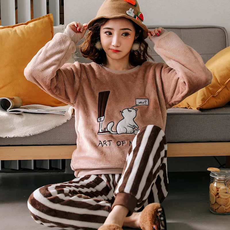Winter Women Sleepwear Two Pice Suit Night Sleep Wear Clothing Pijama Plush Pyjama Flannel Pajama
