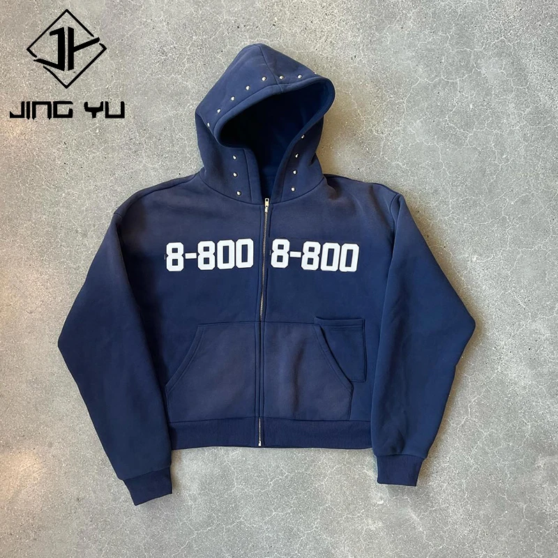 functional Custom rivet rhinestone Hoodie Fleece Jacket French Terry Cotton Vintage Distressed Gradient acid wash zip up Hoodie