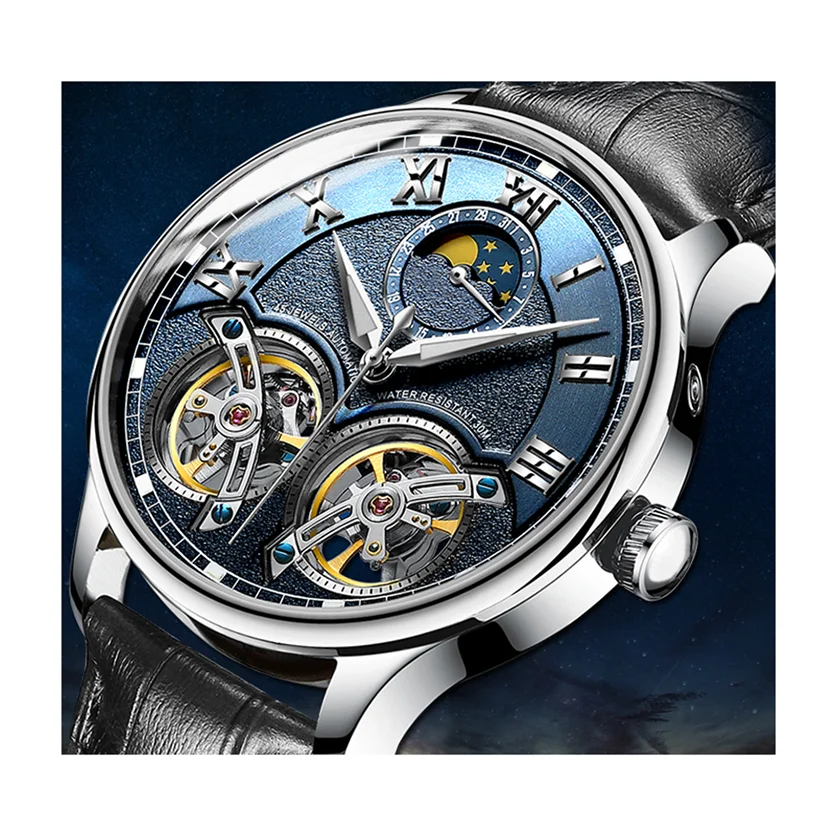 Мужские Водонепроницаемые механические часы с календарем и двойным скелетом из нержавеющей стали
