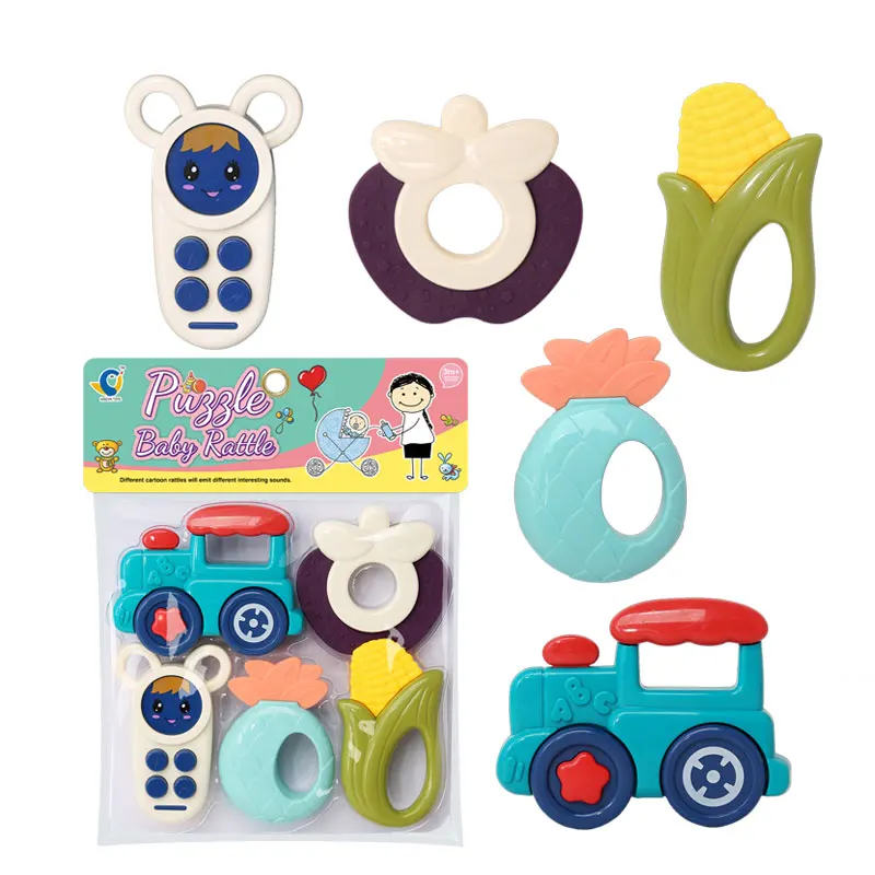 Wholesale plastic 5 pcs children infant toddler handbell teether new born rattle soft rattles toys for baby