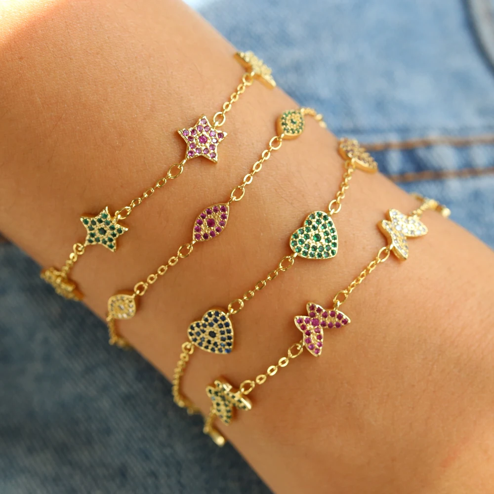 
Jewelries wholesale custom fashion adjustable copper CZ micro pave 18k gold plated charm women bracelets 