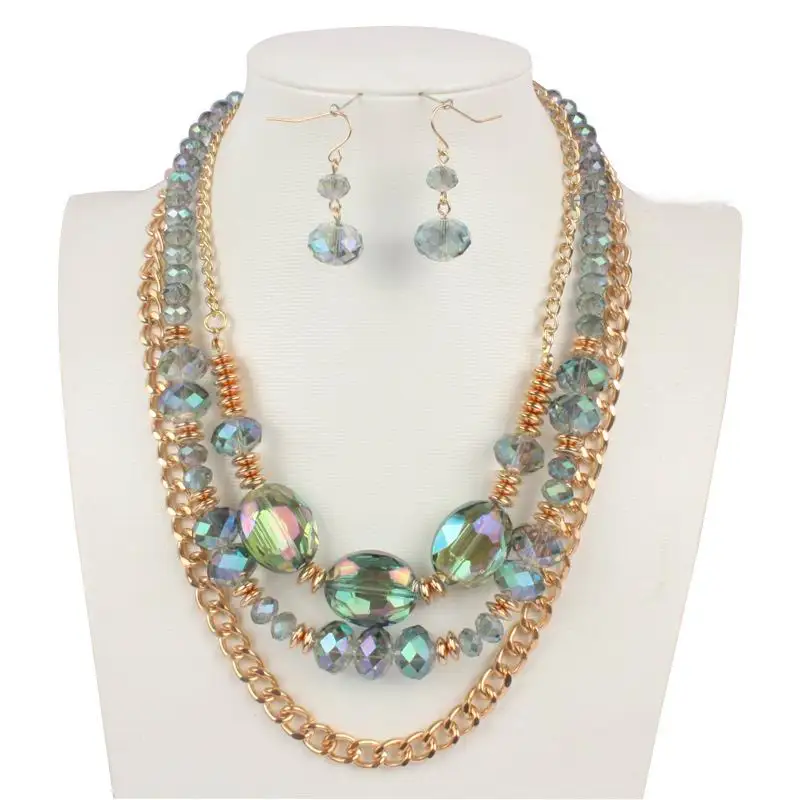 Fashion Design Handmade Glass Beads Jewelry Multi Layered Necklace And Earring Set lux jewelry
