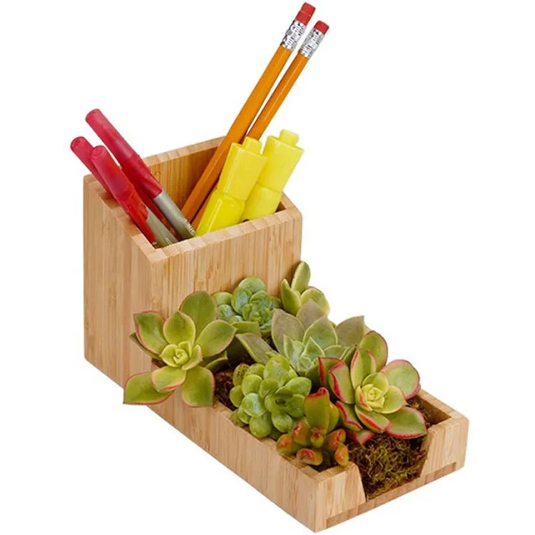 Bamboo Desk Organizer Pencil Stand Pen Holder With Tray For Small Stationery Items Desktop Storage Rack For Paperclip Card