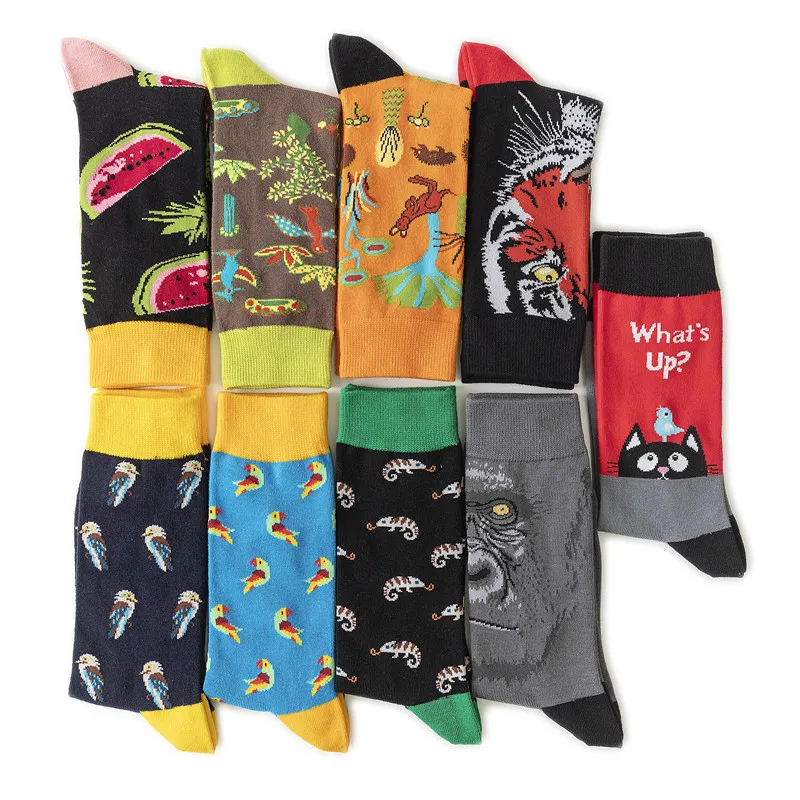 Wholesale manufacturers adults custom designs cotton fruits pattern happy animals fancy dress women socks for men