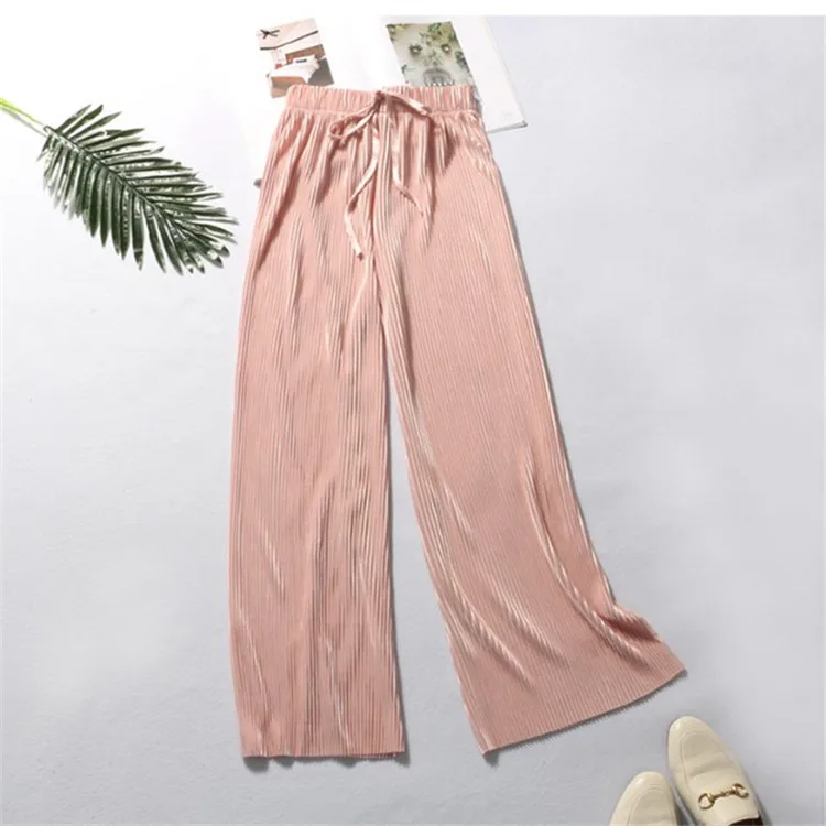 Factory wholesale high waist loose fit Solid Color Womens stretchy pleated Pants  Elastic Waist Women Trousers for summer