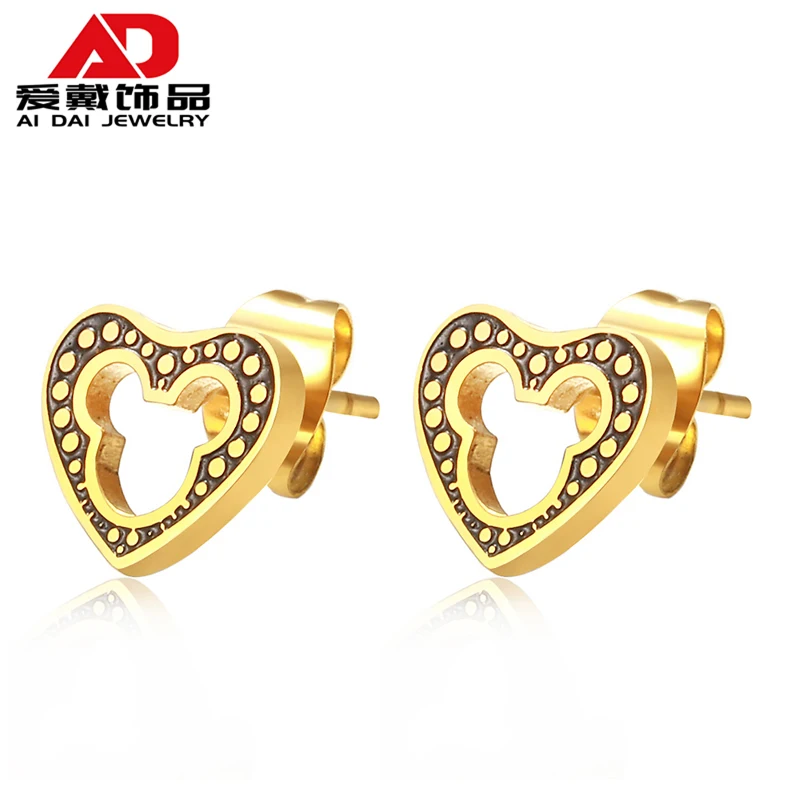 Simple and fashionable titanium steel love heart Mickey hollow earrings design earrings mouse heart-shaped oiled earrings jewelr