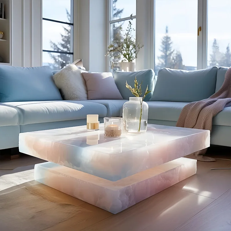 100*100cm Backlit Translucent Blue Onyx Coffee Table 48' Square Shiny Crystal Diamond Stone Living Room Bar Pub Furniture