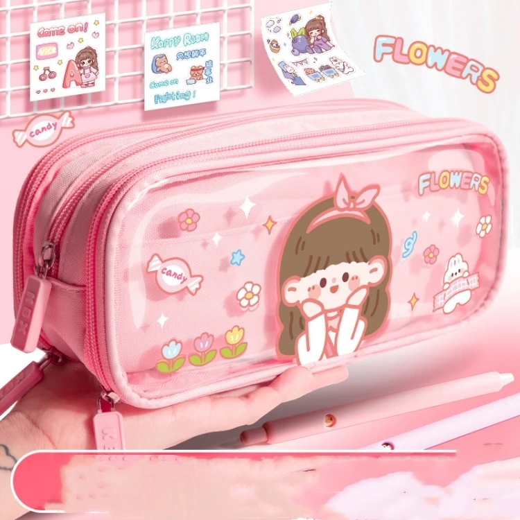 MAIMAI Student Only Transparent Pencil Case Canvas Cartoon Cute Stationery Pencil Box Canvas Good-looking Large Capacity