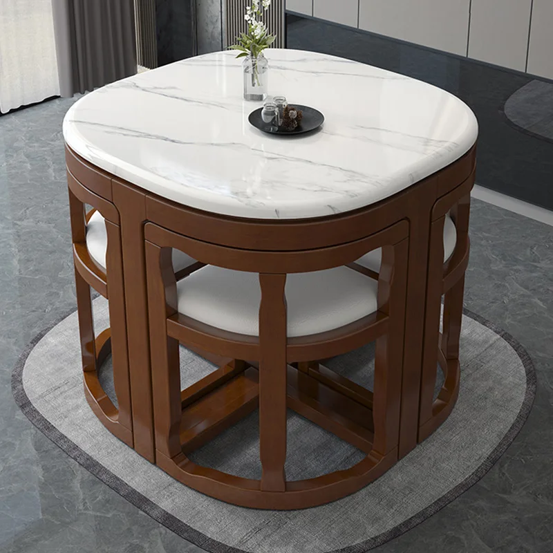 Marble Rock Slab Dining Table Set Luxury Solid Wood Induction Cooktop Space Saving Lightweight Small Household Modern Design