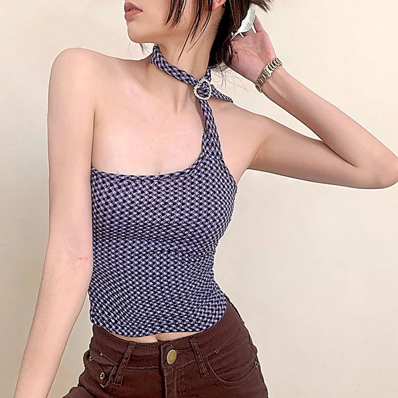 Purple Halter Top Sexy One Shoulder Heart Button Cropped Camis Summer Women Slim Stretch Corset Streetwear Backless Tanks Camis