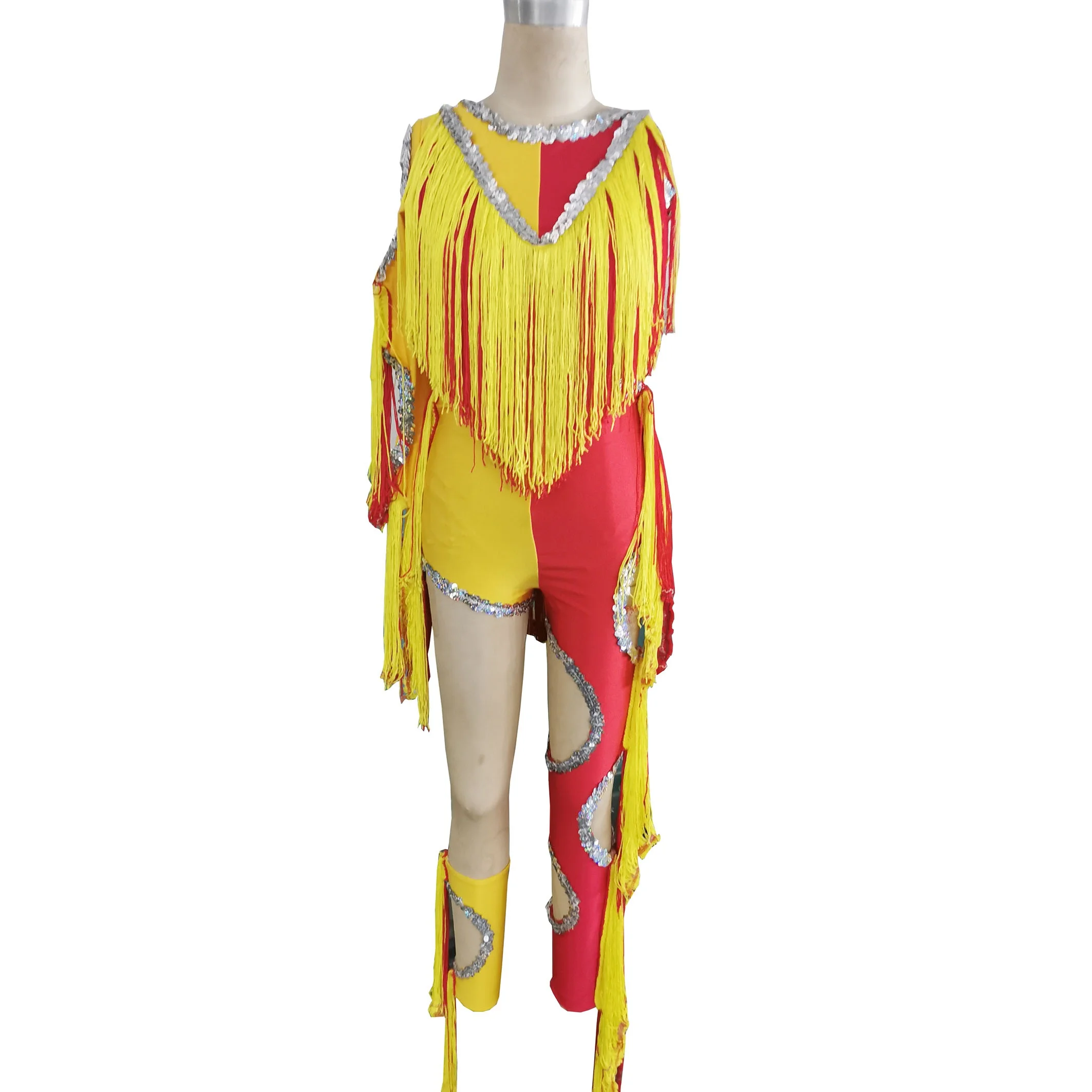yellow red dance leotard adult child jazz sequin dance costume one leg pant tassel stage performance Gymnastics suit