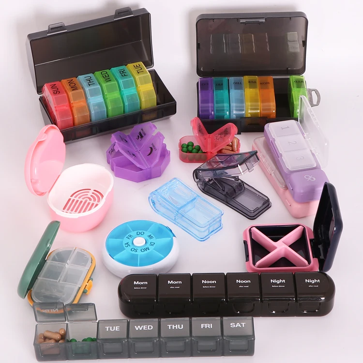 Yuzmei 7Day Pill Planner Organizer 28 Compartment Portable Case Plastic Capsule Case Pill Dispenser Medicine Cutter Crusher Box