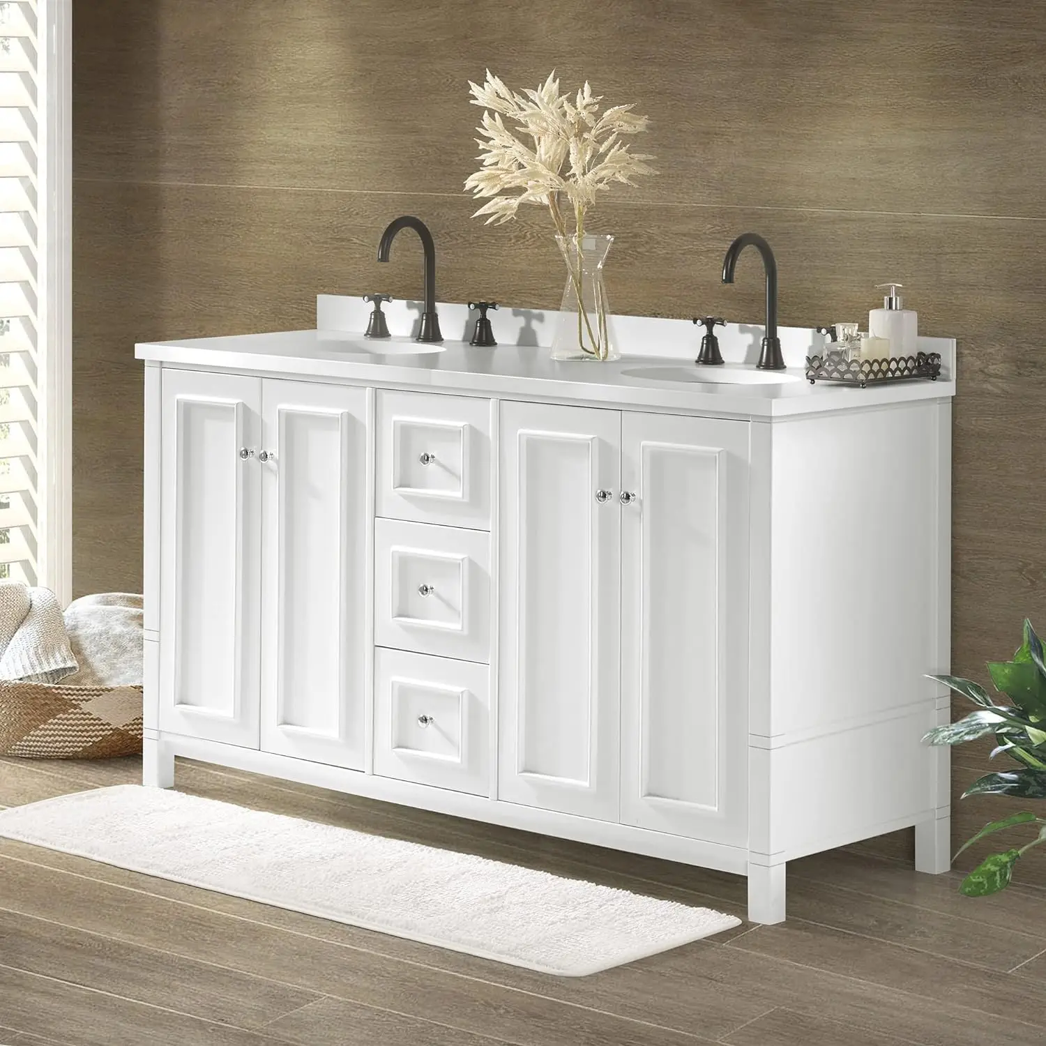 60 Inch MDF White Cabinet Solid Wood Bathroom Vanity Double Sink Free Standing Bathroom Furniture