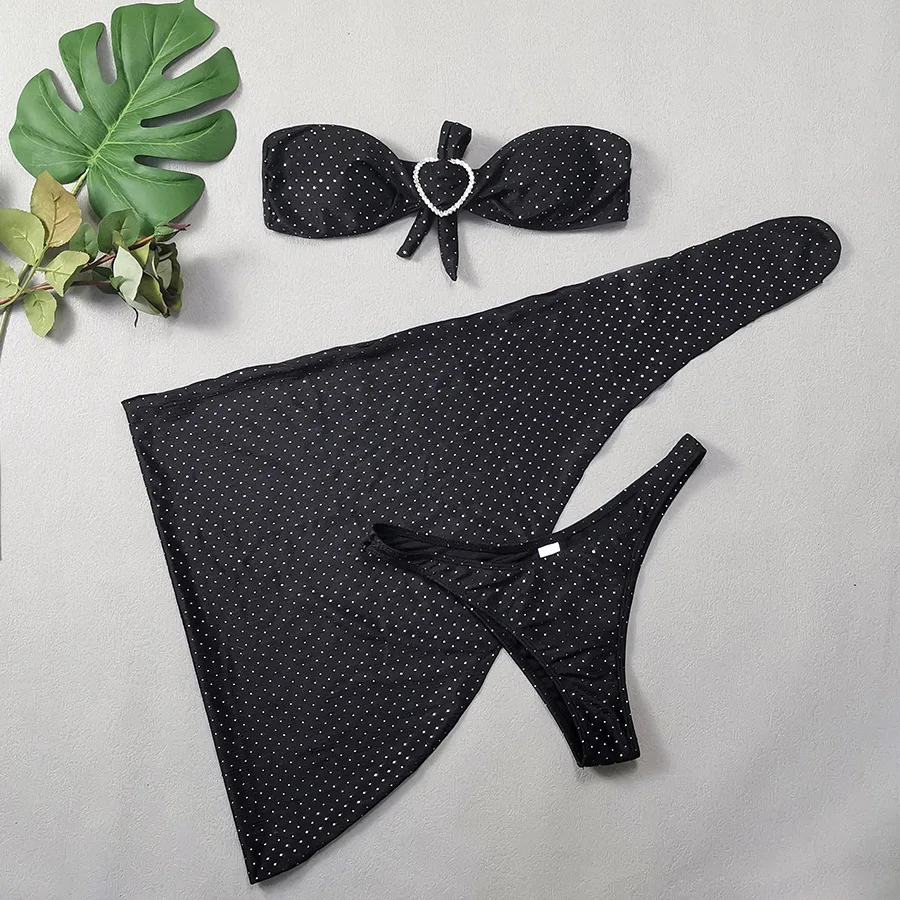 Fashion Dot Heart Diamonds 3PCS Swimsuit Rhinestone Luxury Swimwear Women Sexy Brazilian Bikini Set 2024