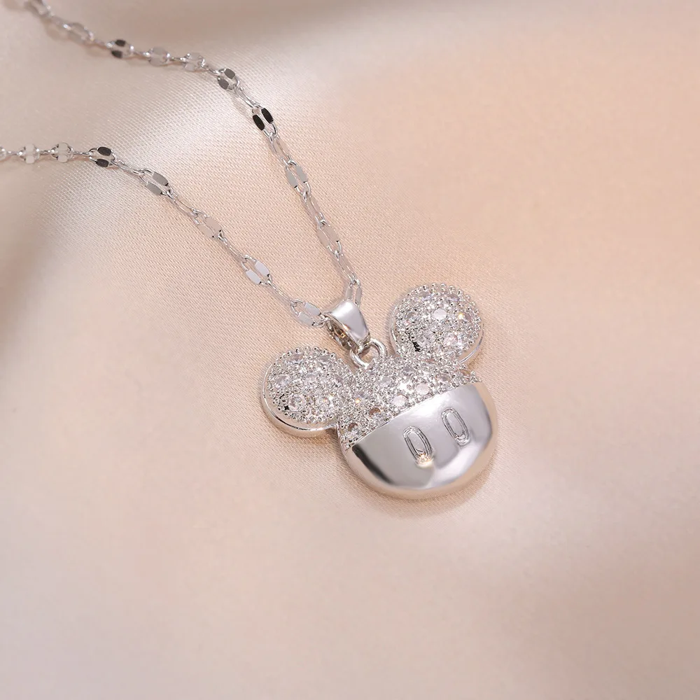 Fashion Waterproof Silver 18K Gold Plated Stainless Steel Diamond Zircon Women Mouse Ears Mickey Necklace Jewelry
