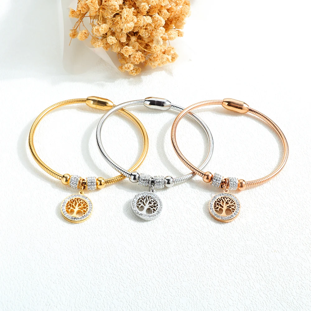 Fashionable Stainless Hollow Tree Of Life  Diamond And Magnetite Titanium Steel Bracelet Bangle