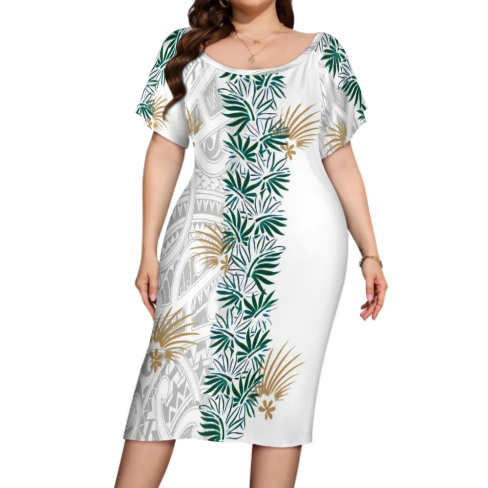 Hot Sales 2022 Hawaiian Tropical Style Design Custom Retro Fashion Business Casual Off-Shoulder Trumpet Sleeve Dress