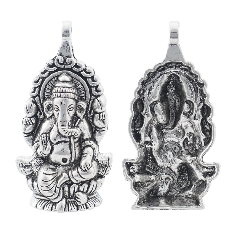 
Antique Silver Large Ganesha Elephant God Of Beginnings Charms Pendants for Necklace Jewelry Making 62x32mm 