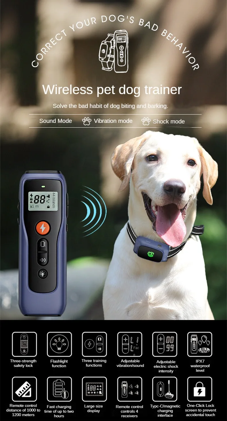 Remote-Controlled Dog Training Collar for Barking and Biting Control with IPX7 Waterproof Design