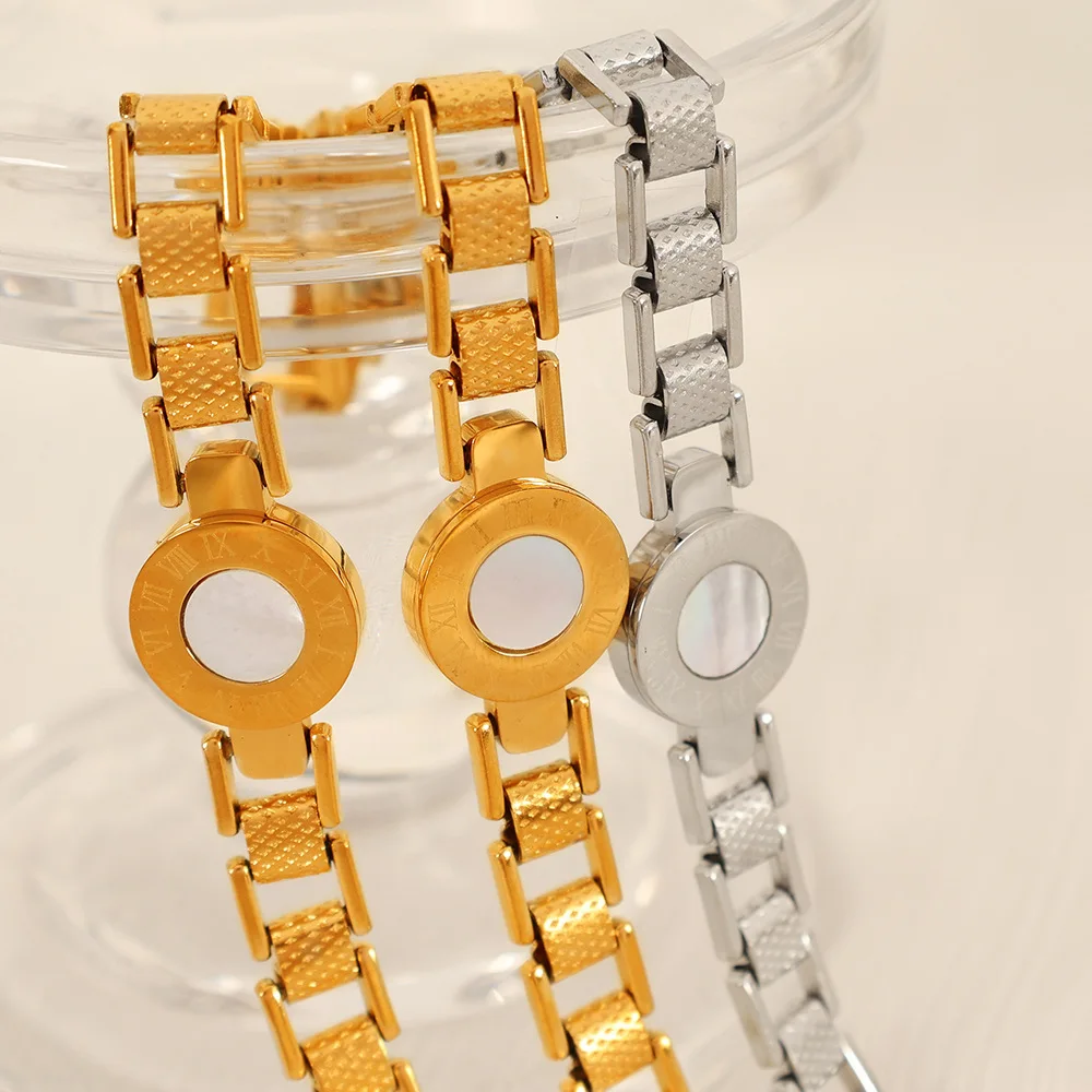 2024 New Arrival Women Tarnish Free 18k Pvd Gold Plated 316L Stainless Steel Roman Number Watch Band Bracelet