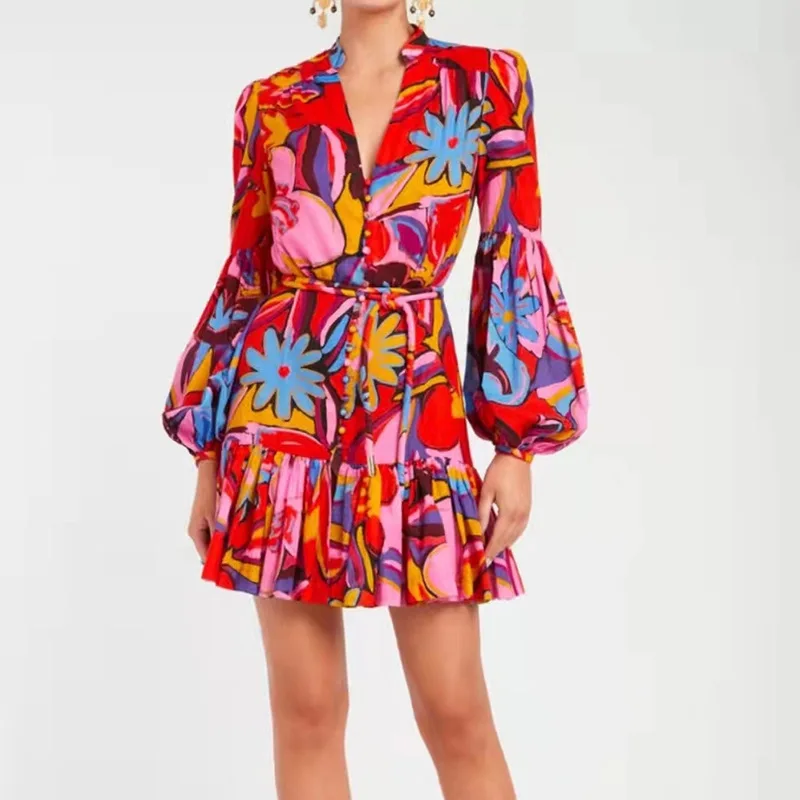 Wholesale Womens Knee Length Dress Floral Colorblock Lantern Sleeve Lace Up Mini Plus Size Casual Dresses Female