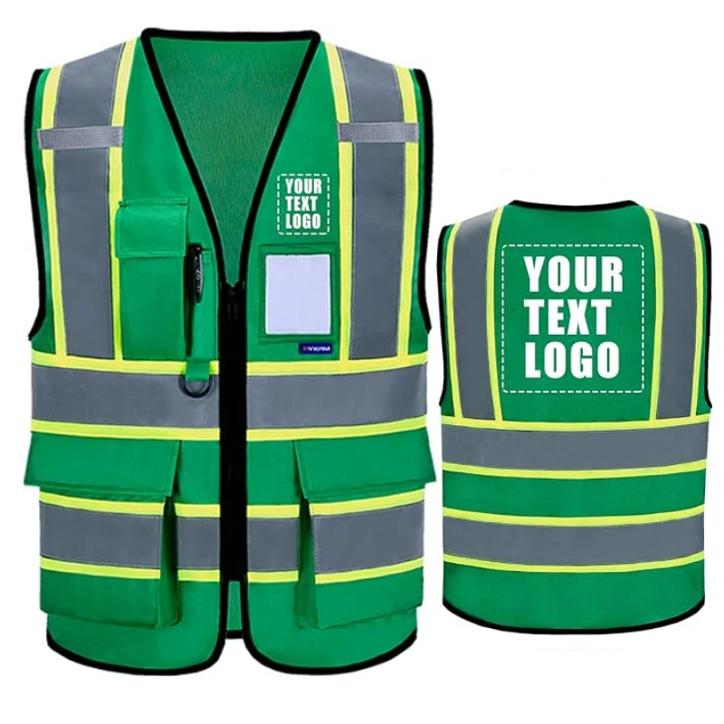 Custom Logo Personalised Printed Reflective Safety Clothing With Pockets Zipper High Visibility Safety Vest for Women Men