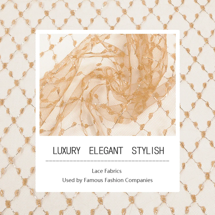 Luxury Orange Shiny Cross Transparent French Lace Tulle Fabric for Party Wear Dresses For Women