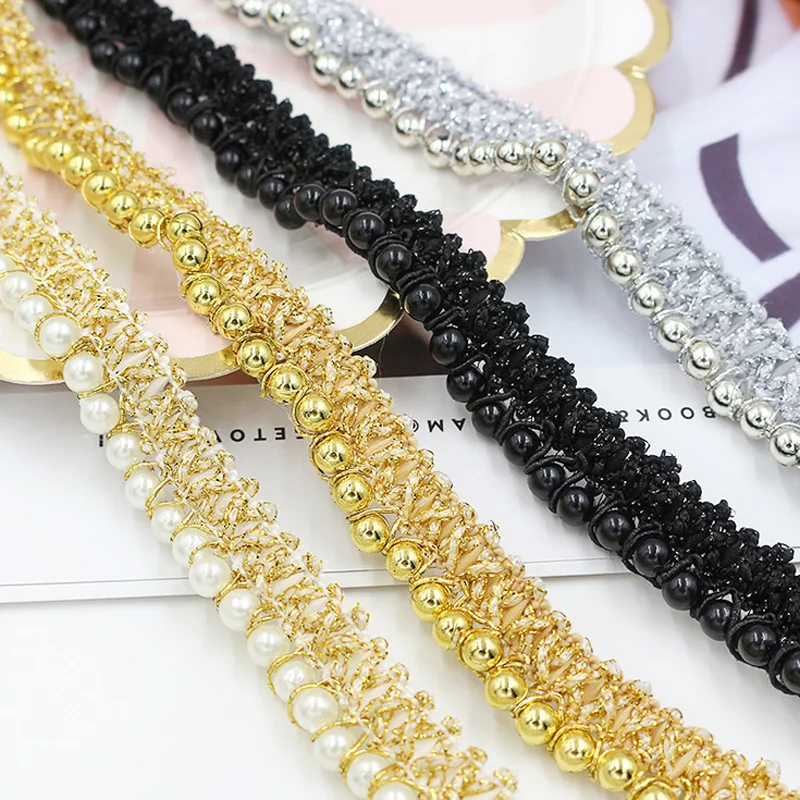 Cheap diy accessories 15mm wide gold curtain fabric lace decoration clothing sewing pearl beaded braided lace trim for costume