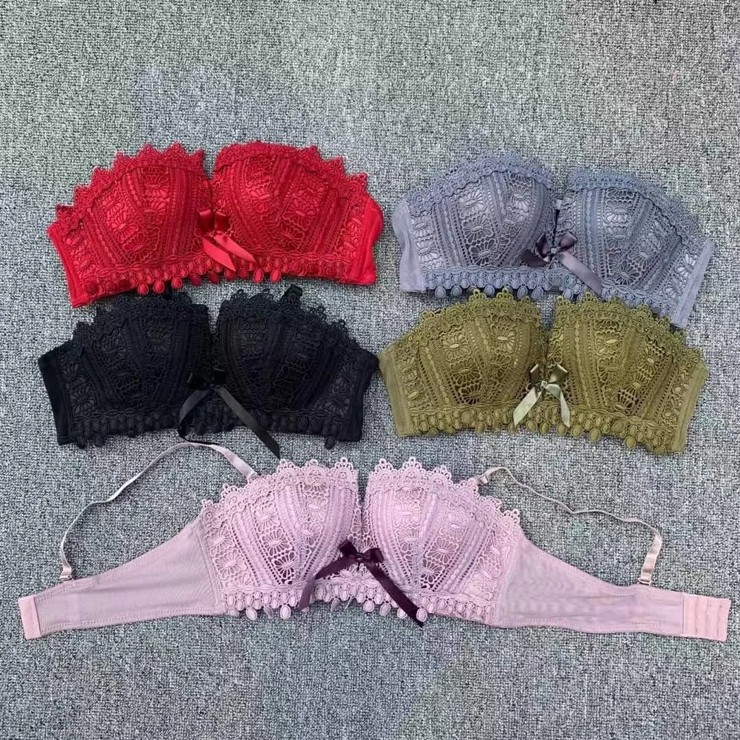 Sexy gathered small fresh lace half cup thick underwear set girl bra Bangladesh Cambodia