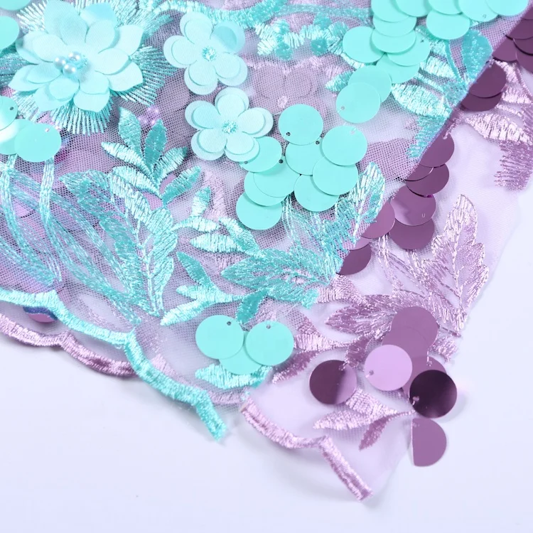 Elegant Applique Lace Purple 3D Beaded Sequin Embroidery Transparent Mesh Fabric
