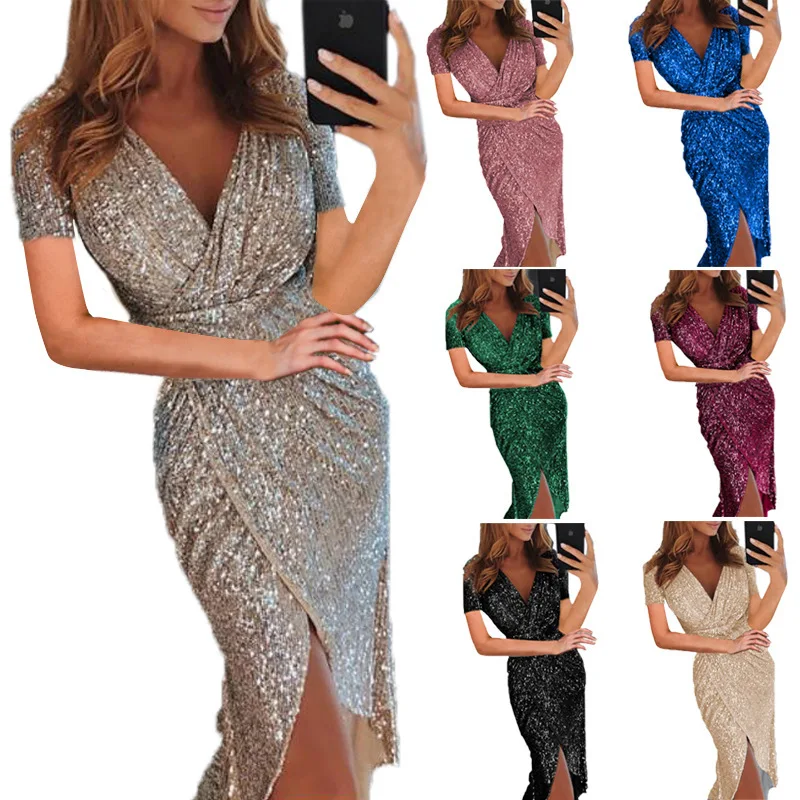 
Ladies Hot Stamping Long Sleeve V-neck Glittering Glitter Dress Dress Sexy Dinner Party Dress 