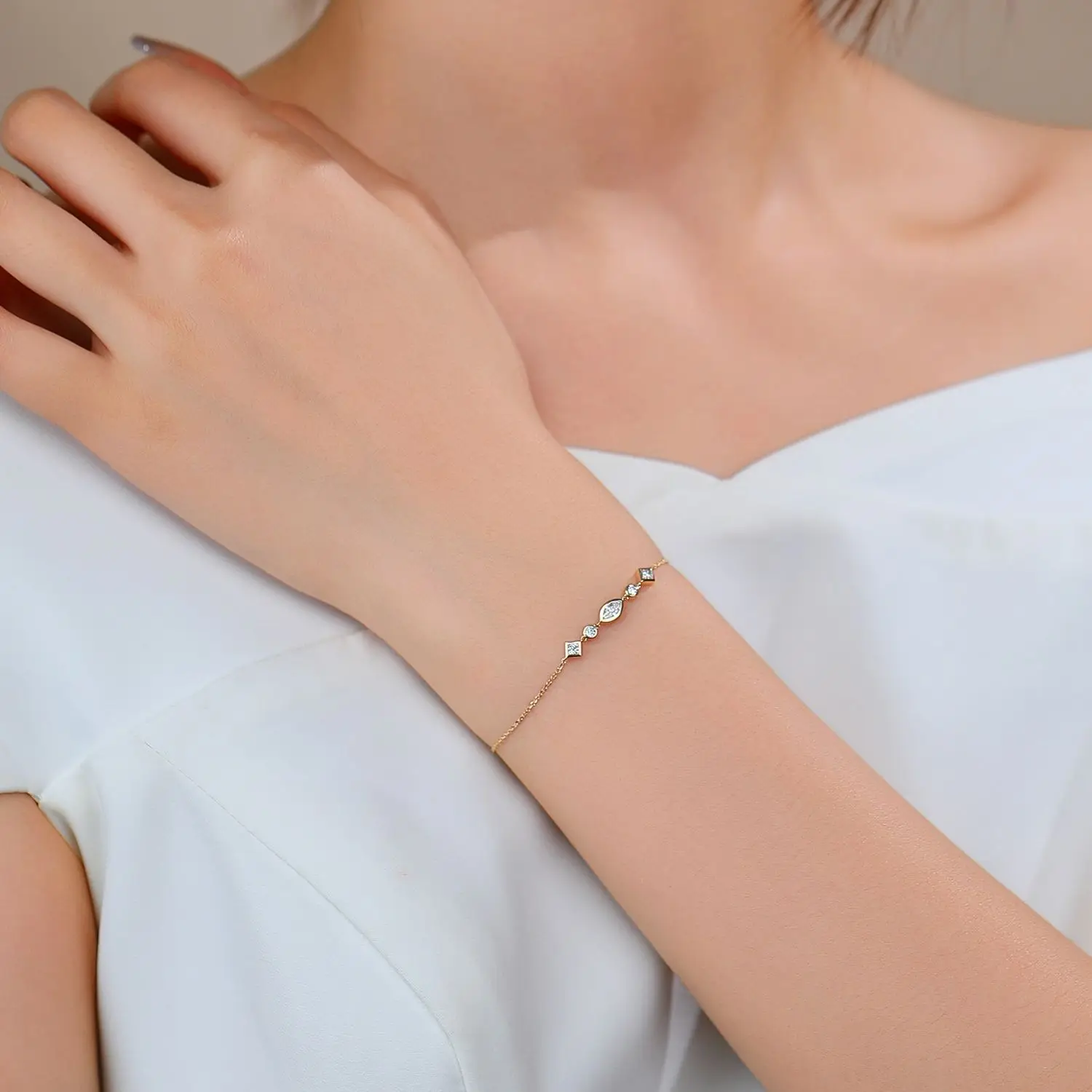 Abiding Five Stone Lab Created Diamond Bracelet Gold 14K Women Jewelry Minimalist Design Five Diamond Beads Bracelet for Gifts