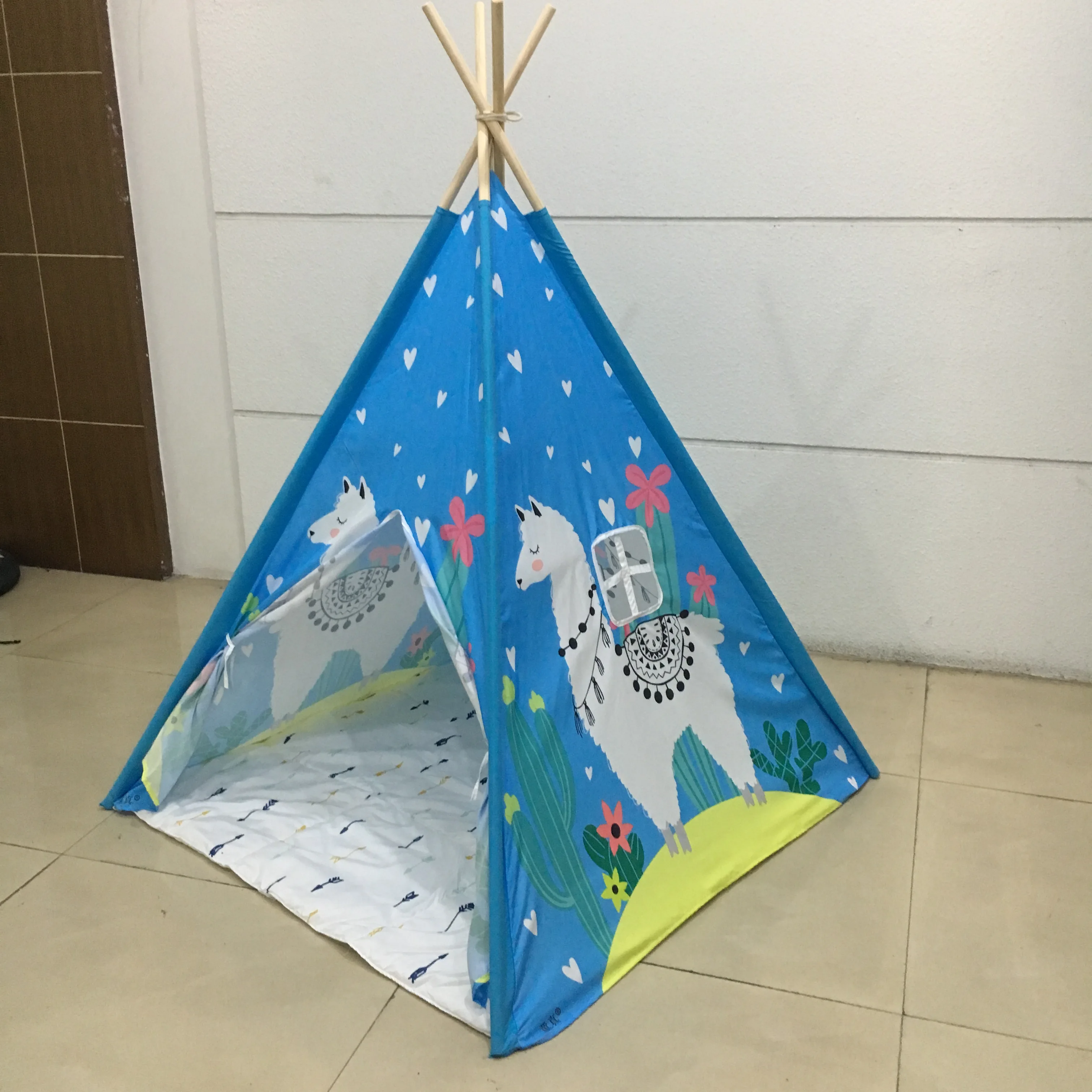Factory Blue alpaca printed wooden pole tipi teepee toy tents for kids tent with base tent