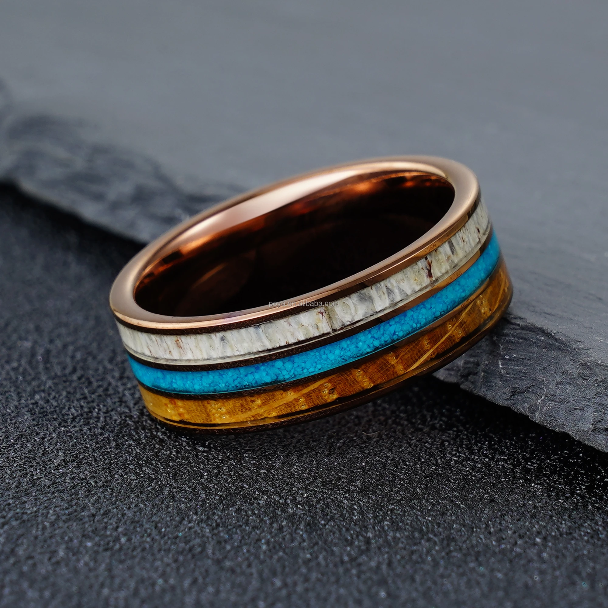 Triple Channels Blue Opla Whiskey Wood Antler Inlaid Coffee Bronze Plated Tungsten Ring